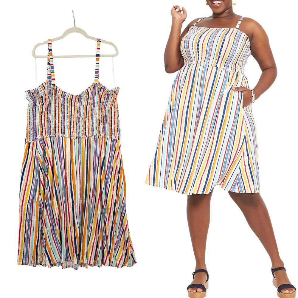 Lane‎ Bryant Women 30/32 Sundress White Multi Stripe Smocked Convertible Pockets